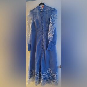 Karen Millen Blue Dress with White Embroidered Sleeves